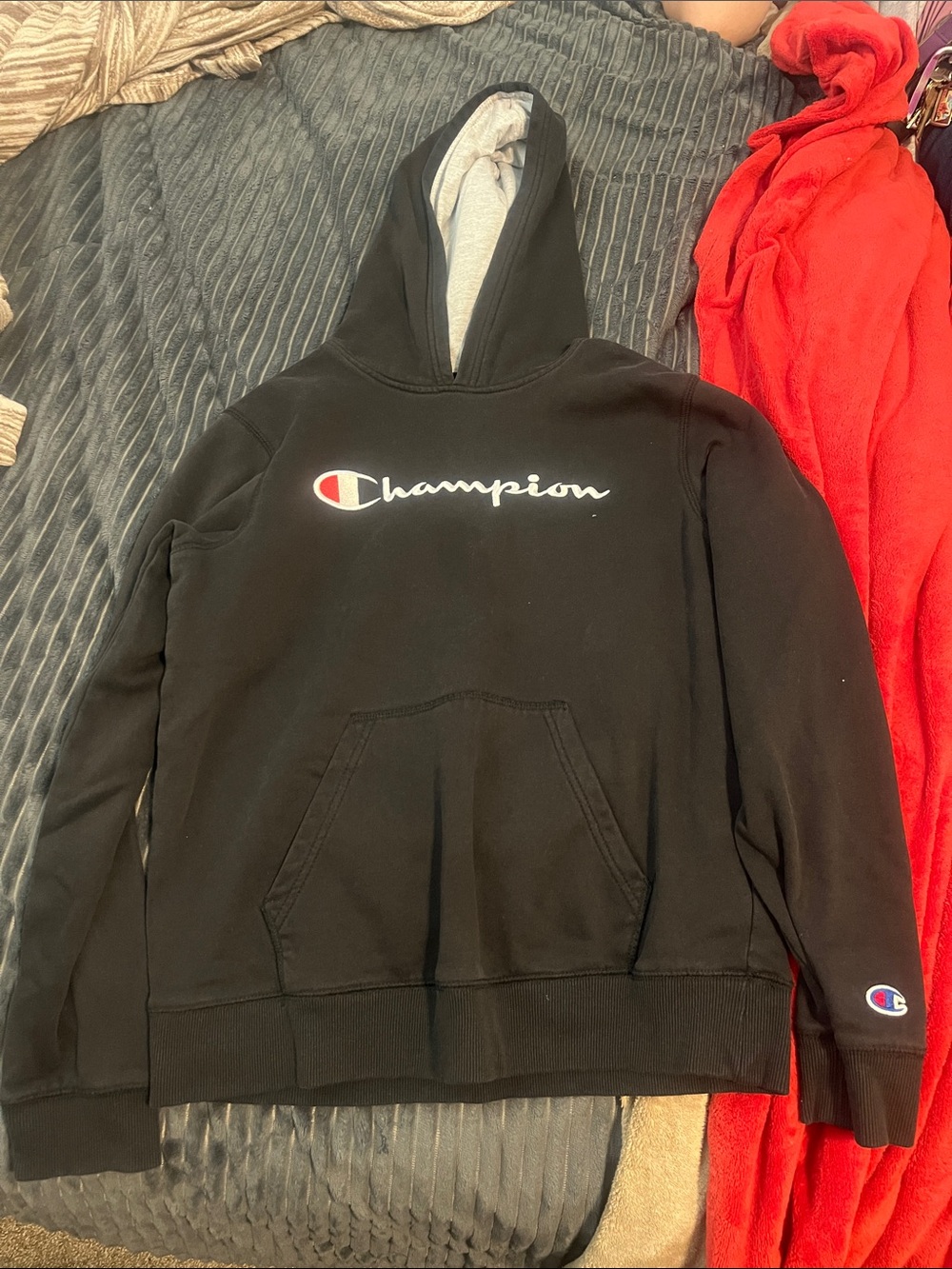 Champion Black Hoodie with Gray Lined Hood and Script Logo